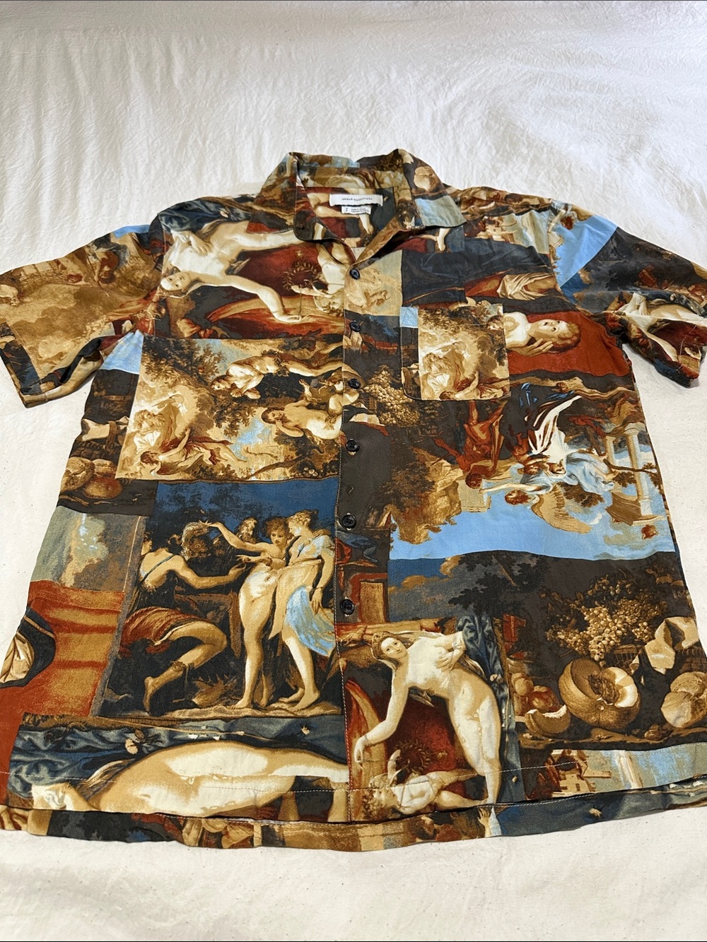 Vintage Art-Print Short Sleeve Button-Up Shirt - Multicolor